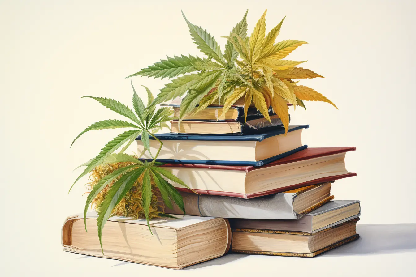 Einige Cannabisblätter, die einen Stapel von Büchern verzieren